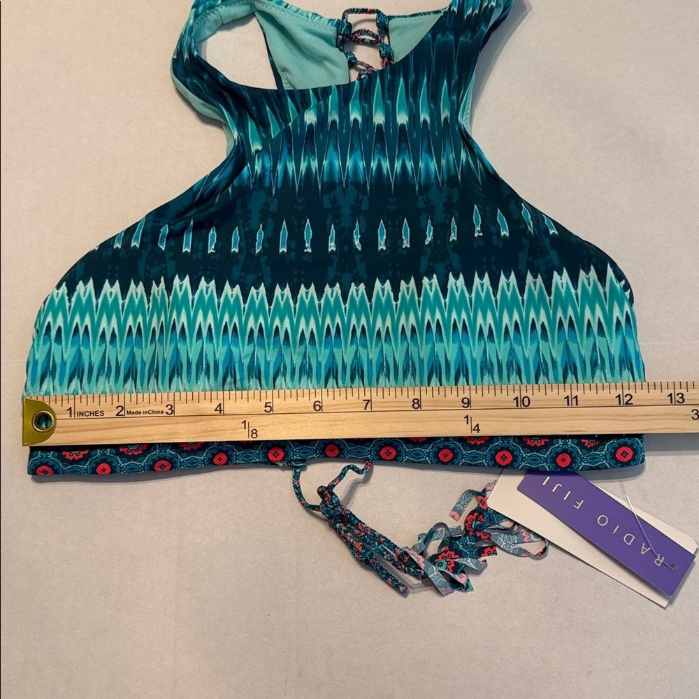 Radio Fiji Women's Yantra High-Neck Bikini Top NEW in Teal Ikat Print Size Large - Picture 3 of 7